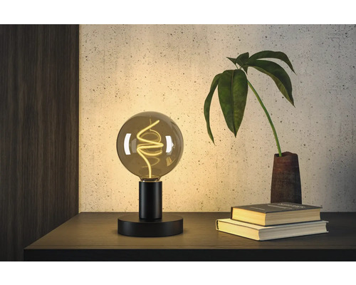 Dekorativ bordslampa med glödtråd och krukväxt på ett bord