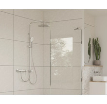 Duschkabin med termostatisk duschblandare, takdusch och handdusch i modernt badrum