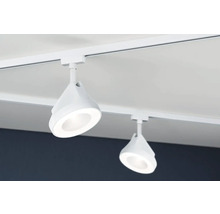 Två vita LED-skenspotlights under taket