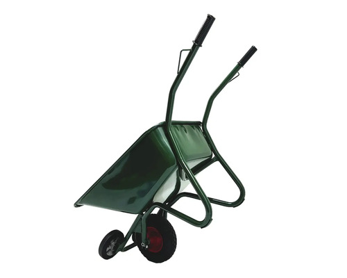 Grön skottkärra med ett hjul och två stödhjul