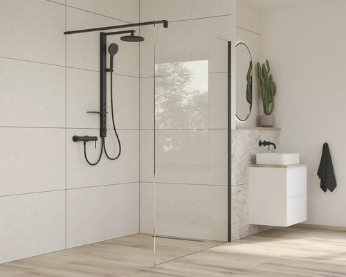 Modernt badrum med duschkabin, svart duscharmatur och handfat