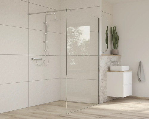 Modernt badrum med duschkabin, duschblandare och tvättställ