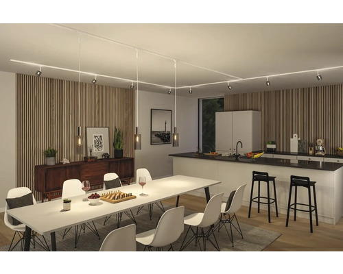 Matsal och kök med belysningssystem i taket, matbord med stolar, skänk och pentry