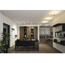 Ljust kontor med skrivbord, hyllor och taklampor