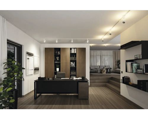 Ljust kontor med skrivbord, hyllor och taklampor