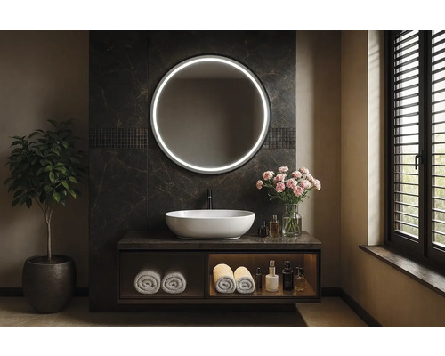 Badrum med rund spegel med belysning, handfat och växt