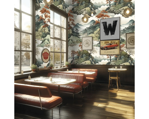 Restauranginteriör med bänkar, bord och tapet med landskapsmotiv