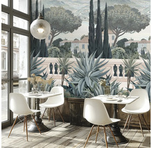 Dekorativ inredning med fototapet av en italiensk trädgård.