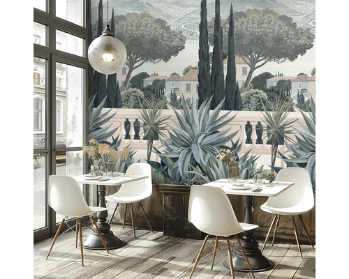 Dekorativ inredning med fototapet av en italiensk trädgård.