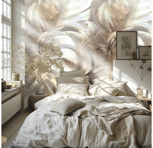 Sovrum med säng och fototapet med blommönster