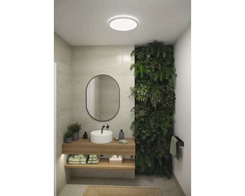 Modernt badrum med handfat, spegel, växtvägg och taklampa för en naturlig atmosfär