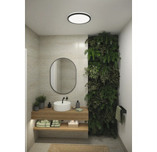 Badrum med tvättställ, spegel, växtvägg och taklampa