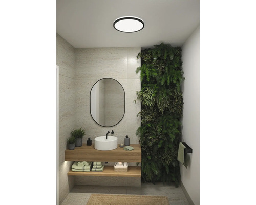 Badrum med tvättställ, spegel, växtvägg och taklampa