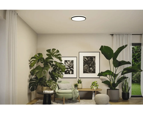 Vardagsrum med krukväxter, två inramade bilder och en rund taklampa