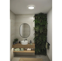 Modernt badrum med handfat, spegel, trähylla och växtvägg