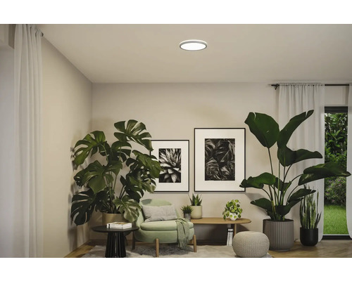 Vardagsrum med krukväxter, tavlor och rund taklampa