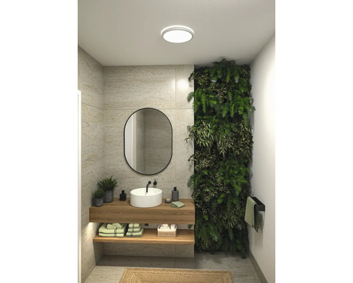 Modernt badrum med handfat, spegel och vertikal trädgård
