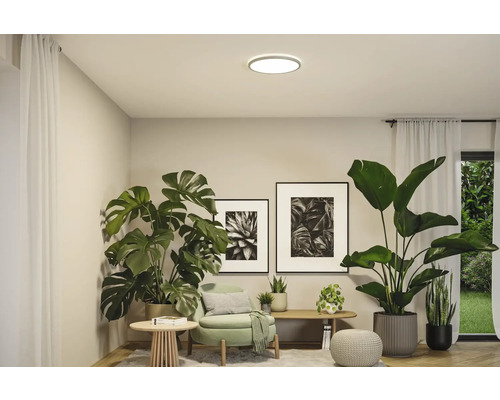 Vardagsrum med krukväxter, taklampa och dekorativa element för en ljus och vänlig atmosfär.