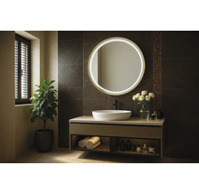 Modernt badrum med rund spegel, tvättställ och växt