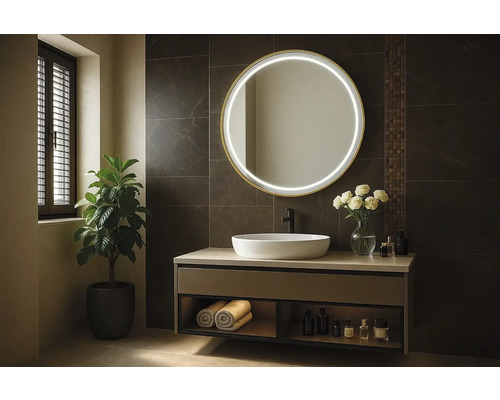 Modernt badrum med rund spegel, tvättställ och växt