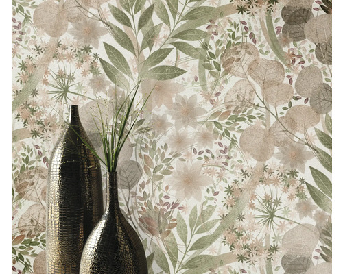 Dekorativ tapet med blom- och växtmönster i olika nyanser.