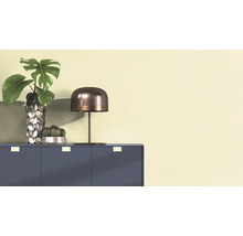 Dekorativt stilleben med en Monstera-växt i en vas, en kaktus i en kruka och en bordslampa på ett skåp.