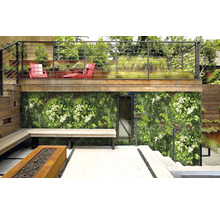 Uteplats med grön vägg, sittbänk och eldstad