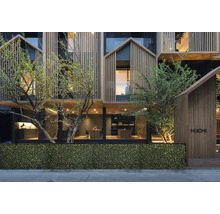 Fasad av en modern byggnad med träpanel och växtlighet