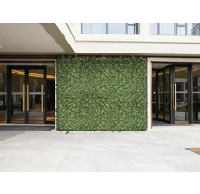 Fasad med konstgjord häck och entré med glasdörrar