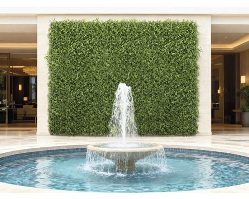 Dekorativ grön vägg med en fontän i förgrunden