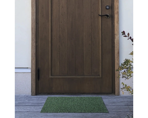 Entré med trädörr och grön dörrmatta