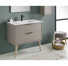 Modernt badrum med tvättställsskåp, tvättställ och spegel