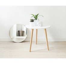 Dekorativ scen med en spegel, ett bord med växter och en björnfigur.