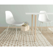 Matsal med bord, stolar och matta i modern design.