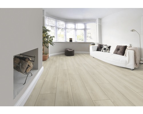 Ljust vardagsrum med laminatgolv, soffa, öppen spis och stort fönster