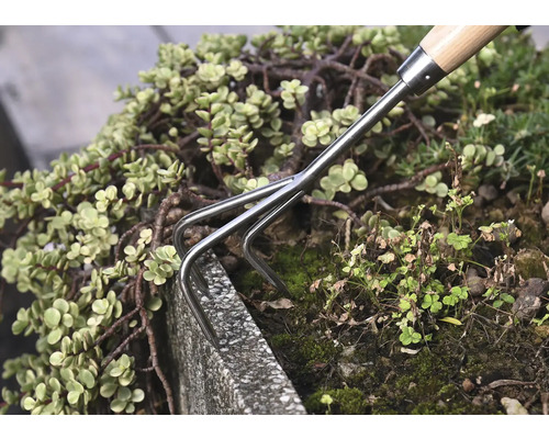 Handräfsa används i en trädgårdsrabatt