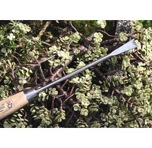 Ogräsjärn med trähandtag framför växter