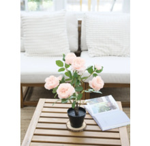 Dekorativ konstgjord ros i kruka på ett träbord