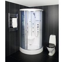 Badrum med duschkabin, handdukstork och toalett.