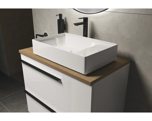 Tvättställ med rektangulärt handfat, blandare och lådskåp för badrummet