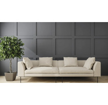 Ljus soffa med kuddar och krukväxt framför en väggpanel