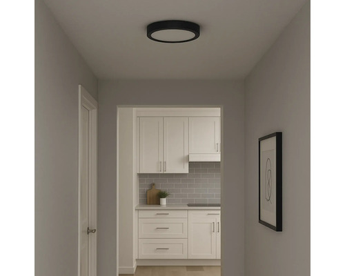 Hall med rund taklampa och utsikt över köket