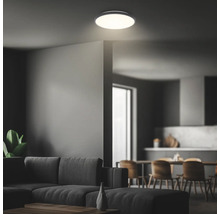 Modern vardagsrumsbelysning med en rund taklampa i ett stilfullt vardagsrum.