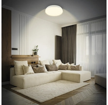 Vardagsrum med soffa, matta och rund taklampa