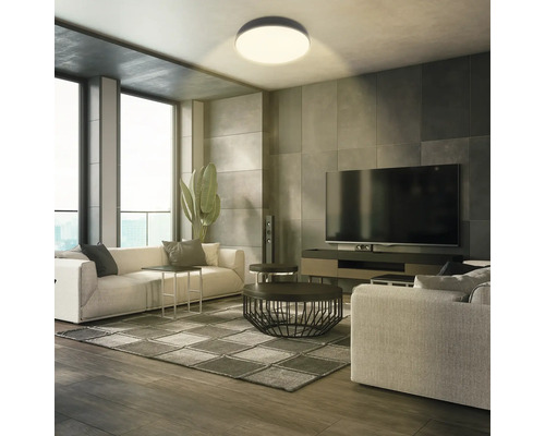 Modernt vardagsrum med soffa, soffbord, TV och rund taklampa