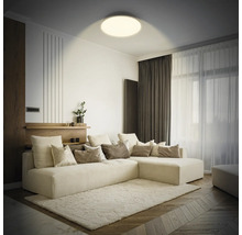 Vardagsrum med hörnsoffa, matta och rund taklampa