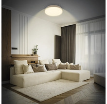 Vardagsrum med hörnsoffa, matta och taklampa