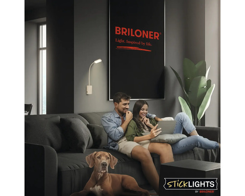 Vardagsrum med par i soffan, hund och Briloner vägglampa