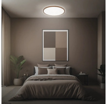 Sovrum med säng, sängbord, krukväxter, taklampa och inramad bild på väggen