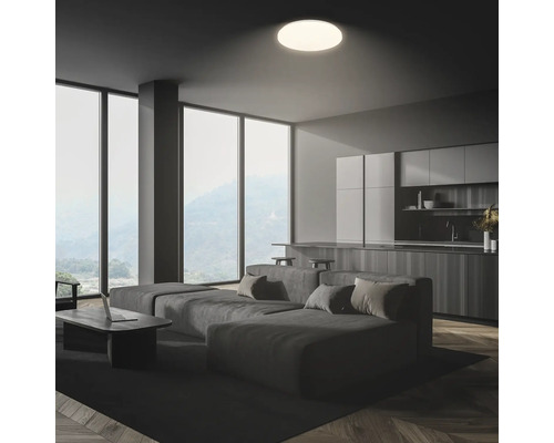 Vardagsrum med soffa, kök och rund taklampa